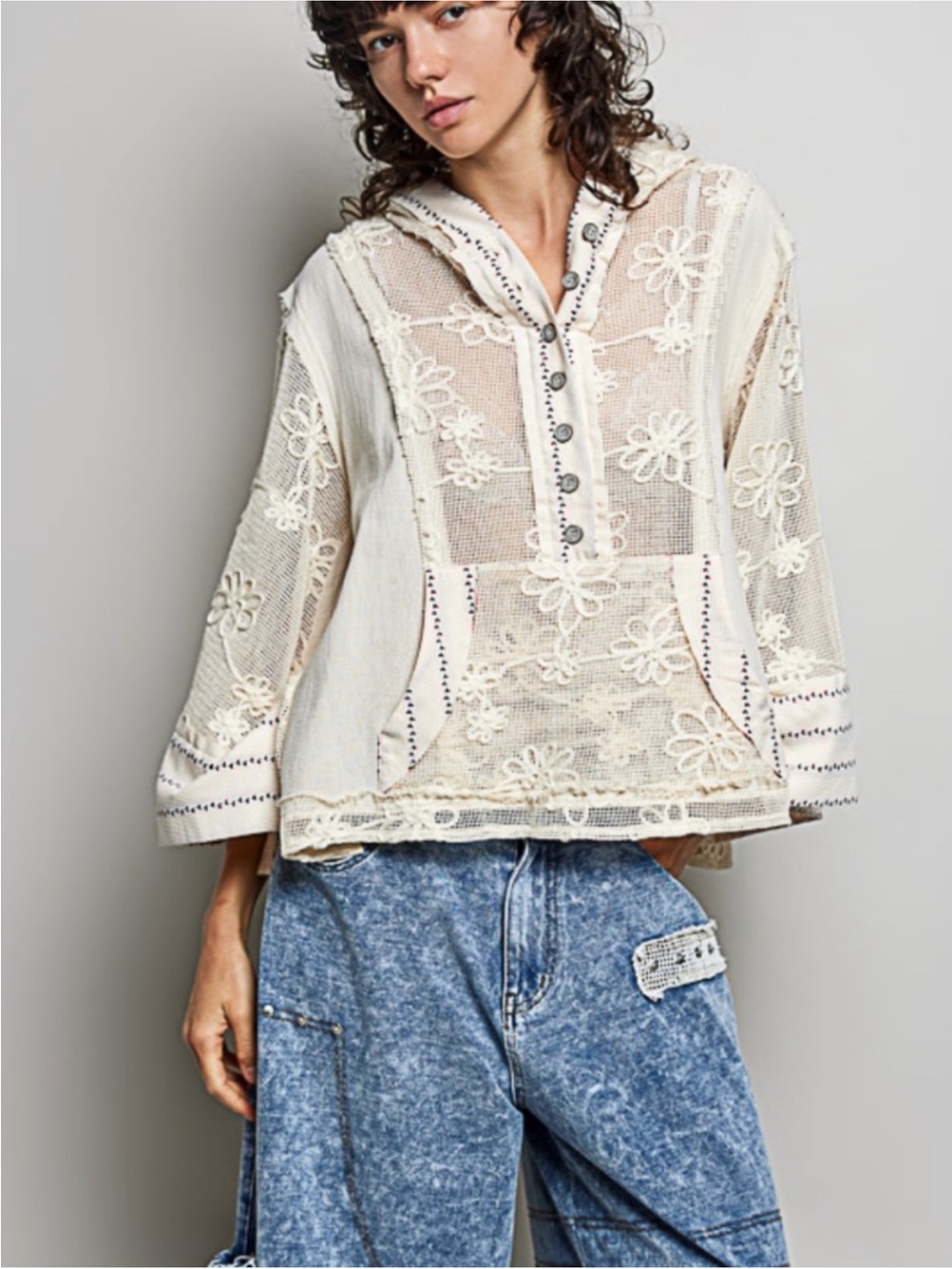 POL Natural Floral Embroidered Semi-Sheer Cotton Boho Hoodie - Picture 5 of 6